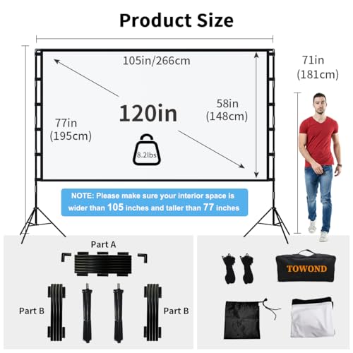 Towond 120 Inch Portable Projector Screen with Stand, 4K HD Indoor Outdoor Movie Display