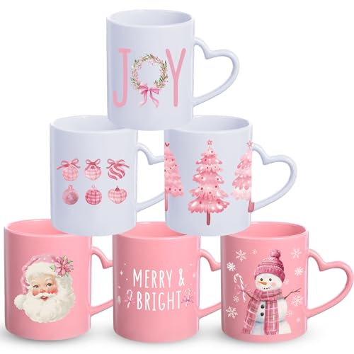 Pink Christmas Mug Set of 6, 10 oz Ceramic Holiday Coffee Cups - Festive Decor