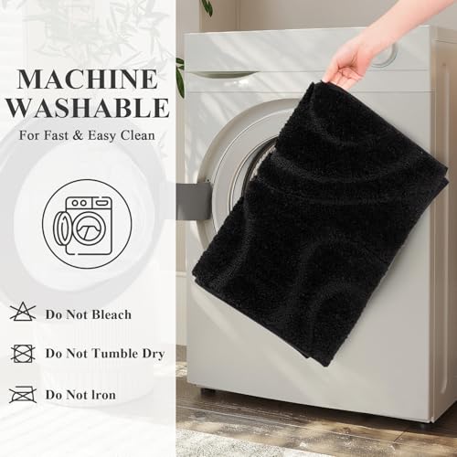 HEBE Bathroom Rug Set 5 Piece - Non Slip Microfiber Absorbent Bath Mats - Black, 18x26, 20x32, 20x48, U-Shaped & Toilet Cover