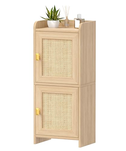 Akxomel Natural Oak Rattan Narrow Bathroom Cabinet – Compact Toilet Paper Organizer, 7.9''D x 11.8''W x 27.6''H