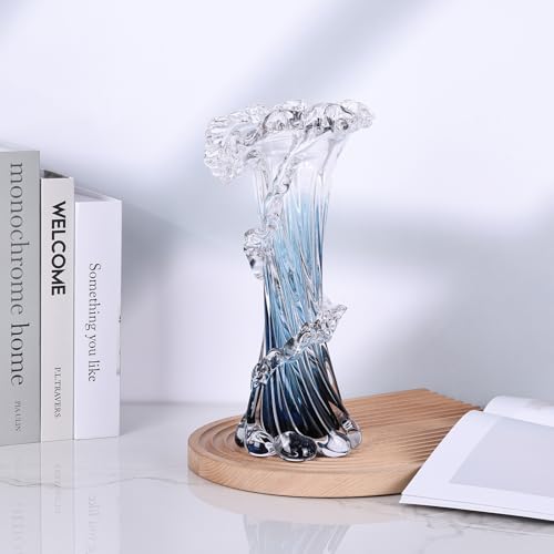 Oiruim Large Hand Blown Blue Glass Vase Ocean Wave Design - Coastal Home Decor
