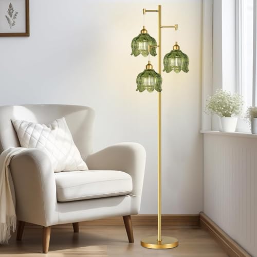 Vintage Floor Lamp with 3 Glass Flower Shades - Tall Gold Mid-Century Modern Standing Lamp with Amber Green Variation
