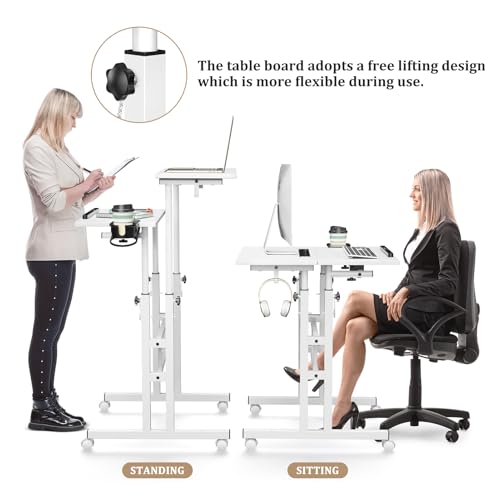 Enayplon White Standing Desk with Wheels - Adjustable Mobile Sit-Stand Table