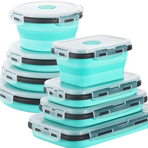 Sudaya 8 Pack Collapsible Food Storage Containers Set with Lids - Silicone Space-Saving Bowls for Travel and Camping