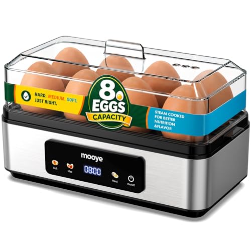 Mooye Silver Egg Cooker for Hard & Soft Boiled Eggs, 8-Egg Capacity, Auto Shut-Off
