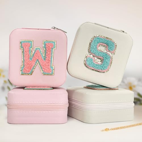 Pink Travel Jewelry Box with Initial W - Monogrammed Jewelry Organizer for Girls Women Teens