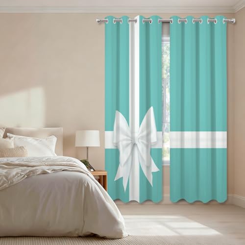 Shrahala 2-Pack White Turquoise Blackout Curtains 52x84 in Grommet Top Thermal Room Darkening