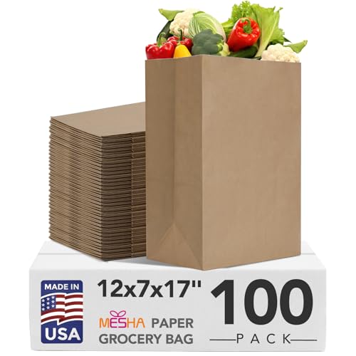 MESHA Paper Grocery Bags 12x7x17 Inches Bulk 100 Pack - Heavy Duty Kraft Bags with Variation 12"x7"x17"