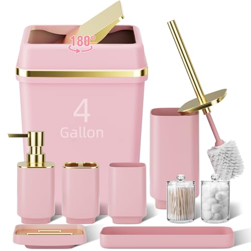 WSBArt Pink Bathroom Set with 4-Gallon Swing-Top Trash Can - 9-Piece Bathroom Accessories, Pink Bath Decor - Variation: Pink Swing-Top / Bath Set