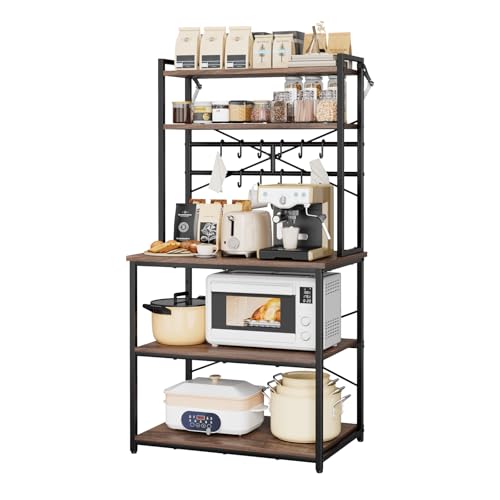 VEVOR 31.5 x 15.7 x 63.7 Inch Walnut Finish Kitchen Baker Rack with Hooks