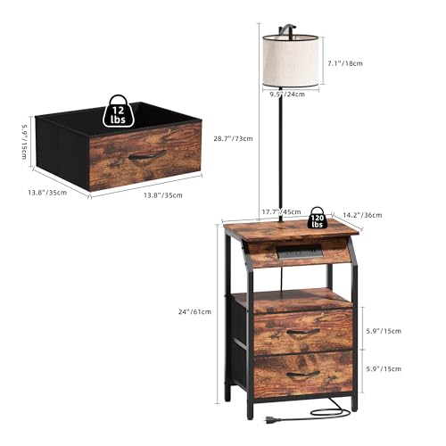 End Table with Floor Lamp and Charging Station - Brown 2 Drawers