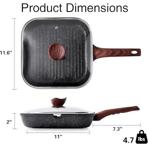 11-Inch Nonstick Grilling Pan with Lid - Black, Square Indoor Grill for Stove Tops