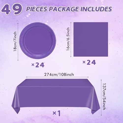 49Pcs Purple Birthday Party Decorations Purple Party Supplies Set Include 24 Plates 24 Napkins and 1 Tablecloth, Disposable Purple Tableware for Birthday Wedding Graduation Baby Showers Party