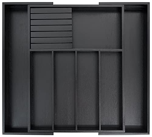 VaeFae Bamboo Silverware Drawer Organizer - 7 Slots, Black, Adjustable & Removable Knife Block