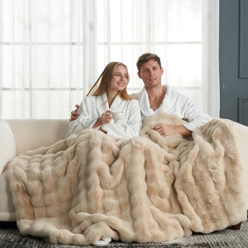 Beige Faux Fur Throw Blanket - Twin 60x80 Inches Cozy Plush Bubble Design