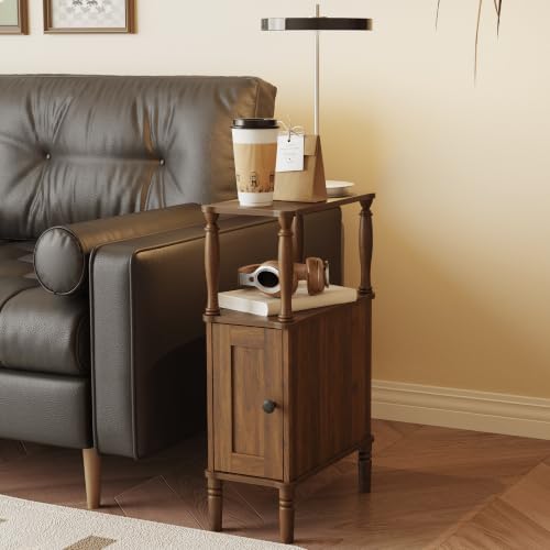 Narrow Nightstand - Slim End Side Table in Dark Walnut Brown - Veegle