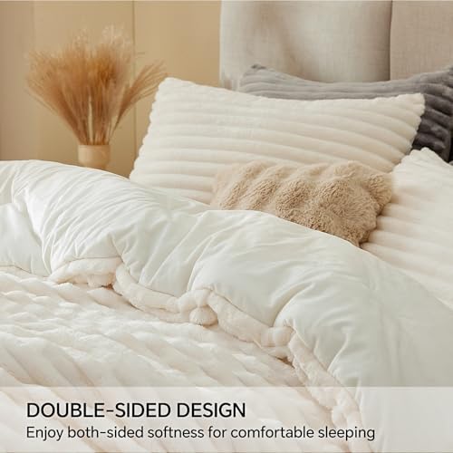 BEDELITE Queen Fleece Comforter Set Cream White - Luxury Fluffy Bed Bedding