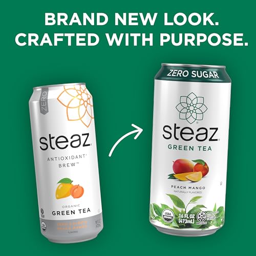 Green Tea Zero Sugar Peach Mango - Organic & Caffeinated, 16 Fl Oz, Pack of 12