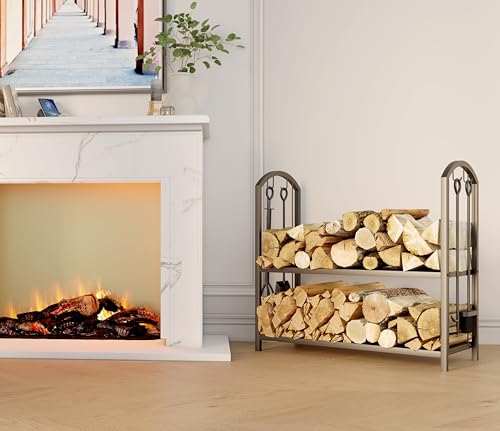 Firewood Log Rack with Fireplace Tools - 31x13x29 Inch Black Wrought Iron