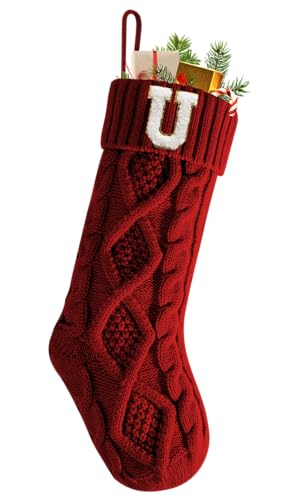 Personalized Burgundy Christmas Stocking 18 Inches with Embroidered Initial U - Classic Holiday Decor
