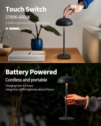 12" Cordless Table Lamps Set of 2, Black Modern Portable Desk Lamp