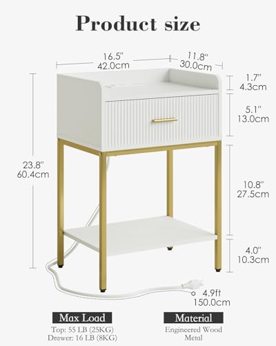 Nightstand with Charging Station - 3-Tier Bedside Table, Open Shelf & Drawer, White - Variation of THIS listing