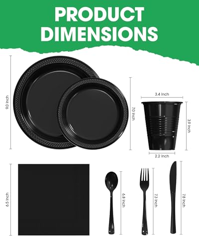 Black Plastic Plates Set 350 Pcs for 50 Guests - 9.0 Inch Dinnerware