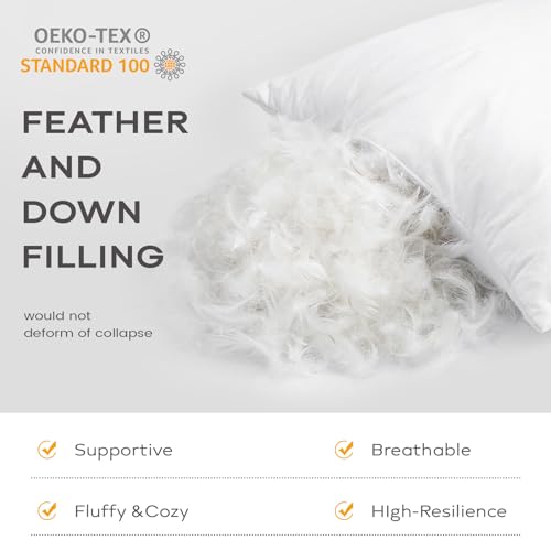 24x24 Inch Down and Feather Pillow Inserts - White Fluffy Cushion Set with Cotton Cover