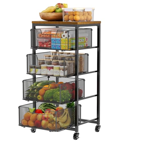 Brown 4-Tier Kitchen Rolling Cart with Drawers and Wooden Top for Fruits & Vegetables