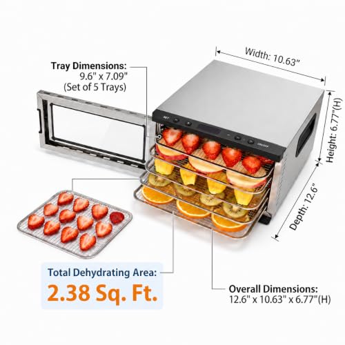 Vassillias Silver Food Dehydrator Machine with 5 Stainless Steel Trays, Digital Timer & Temperature Control