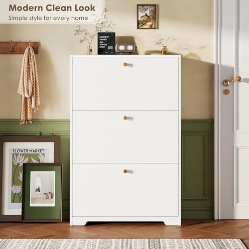 Nicetree White Shoe Cabinet with 3 Flip Drawers Narrow Shoe Organizer Modern Storage