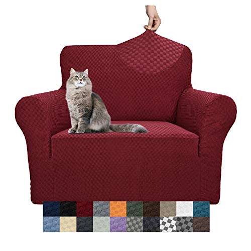YEMYHOM 31-46" Jacquard Couch Cover - Wine Red, Elastic Slipcover for Sofa/Armchair, Anti-Slip Protector
