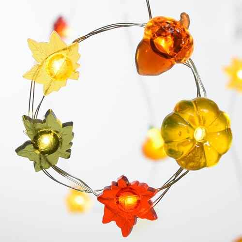 Halloween Lights with Battery for Thanksgiving Decorations: Pumpkin Acorn Fall Leaves String Fairy Lights with Romote - 13ft 40 Leds Orange Lights for Halloween Autumn Harvest Outdoor Garland Decor