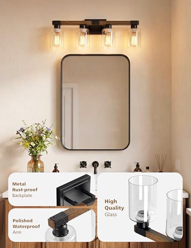 Wood Finish 4-Light Farmhouse Bathroom Vanity Light Fixture - UL Certificated
