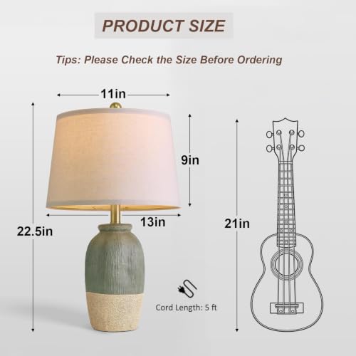22.5-Inch Green & Earthy Yellow Ceramic Table Lamp for Bedroom & Living Room - Boho Nightstand Light - Handmade