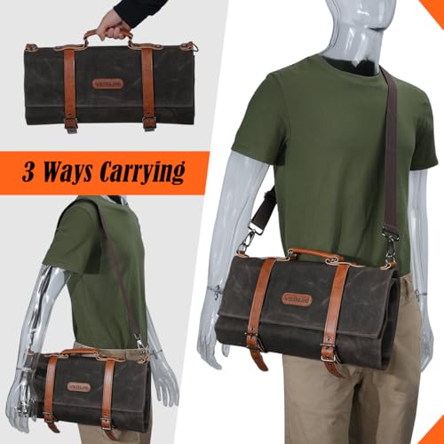 WELKINLAND Heavy-Duty Canvas Leather Knife Roll Bag with 13 Pockets