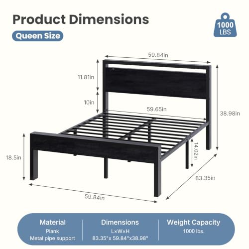 Queen Metal Bed Frame with Wooden Headboard - Black Platform Bed, Heavy Duty Support
