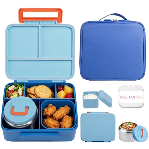 PIQUEBAR Blue Bento Lunch Box for Kids with 8oz Soup Thermos & Leak-Proof Container