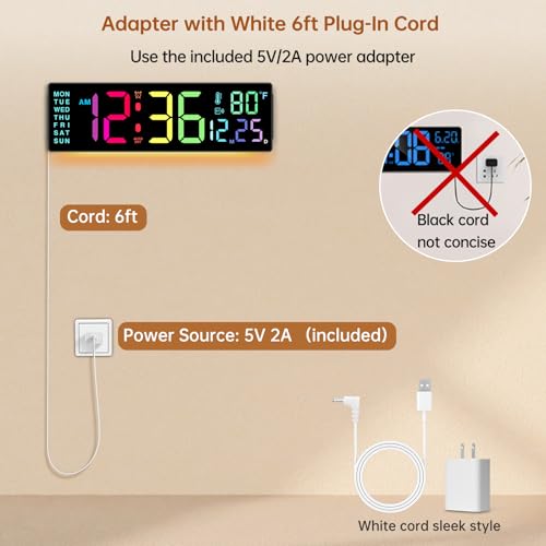 Soobest 14.2 Inch RGB Digital Wall Clock with Bluetooth & Remote, Large LED Display