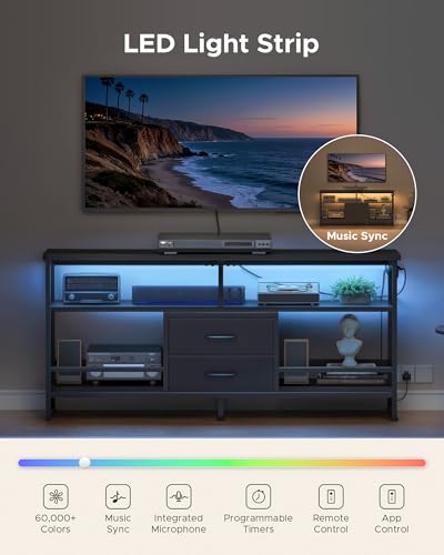 55 Inch TV Stand with LED Lights and Charging Station - Black, Supports Up to 65 Inch TVs