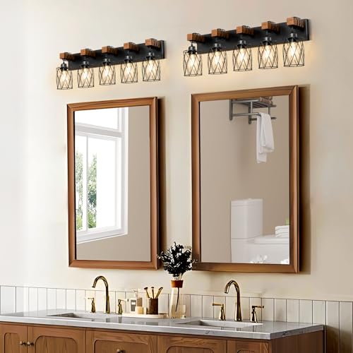 Black Farmhouse Bathroom Vanity Light - 5-Light Wood & Metal Fixture, Over Mirror
