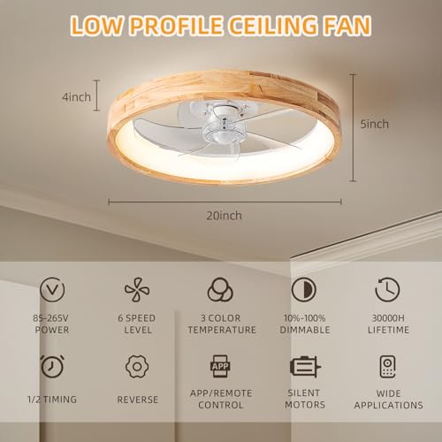20-Inch Low Profile Wooden Ceiling Fan with Light - Natural Wood Finish