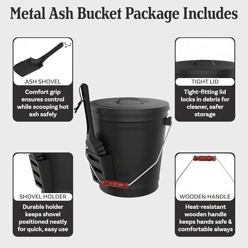 Pure Garden Metal Ash Bucket & Shovel Set - 4.75-Gallon Fireplace & Firepit Ash Disposal