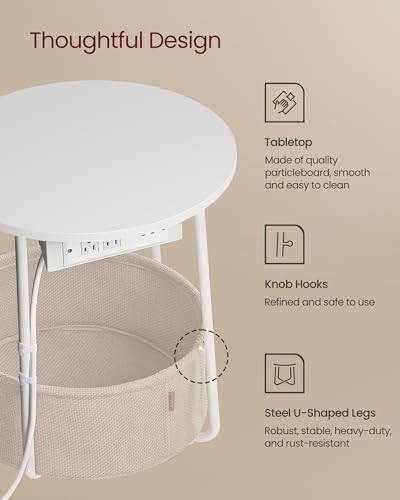 VASAGLE Round End Table with Charging Station - Matte White & Camel Brown, Fabric Basket