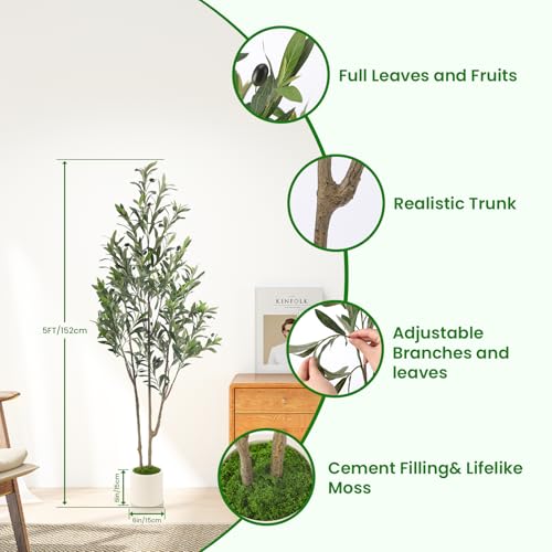 5ft Artificial Olive Tree with Realistic Branches and White Pot - Lifelike Faux Indoor Plant