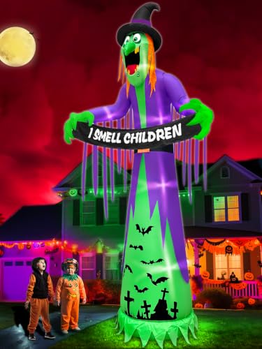 12FT Giant Halloween Inflatable Witch with LED Lights and Banner for Outdoor Decor