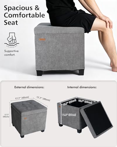 ABHENG Steel Frame Square Storage Ottoman - 17.7" Gray Chenille Cushion