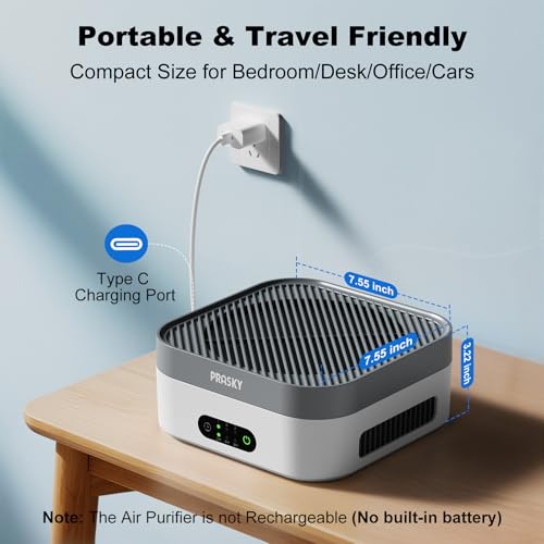 Prasky White Gray Air Purifier with 2 Filters, Quiet HEPA Car & Home Room Air Cleaner