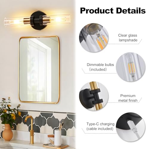 Black Gold Battery Operated Wall Sconce Set of 2 with 330° Rotation & Dimmable 3000K-6000K Bulbs Included