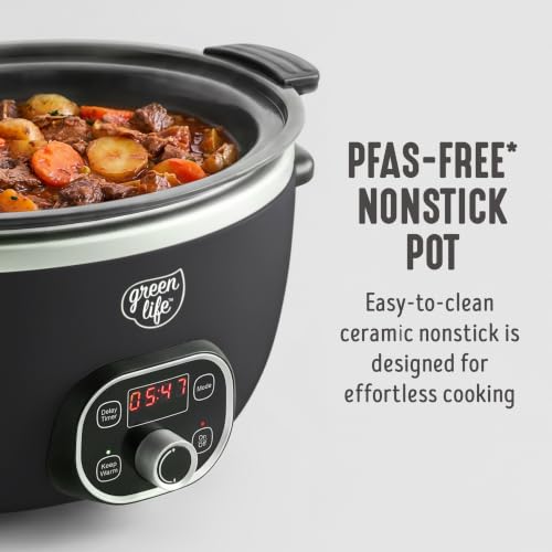 GreenLife 6QT Black Ceramic Nonstick Slow Cooker, Oven Safe & Easy Clean